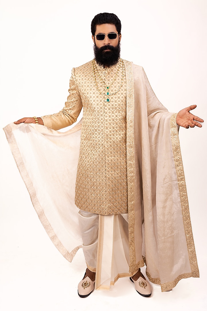 Gold Pure Banarasi Silk Zardosi Work Groom Sherwani Set by House of Sannidhi at Pernia's Pop Up Shop