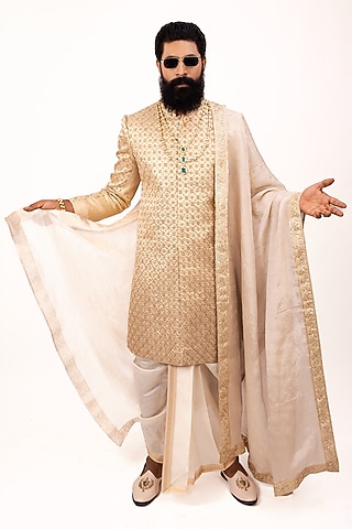 Gold Pure Banarasi Silk Zardosi Work Sherwani Set by House of Sannidhi