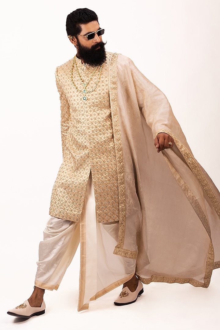 Gold Pure Banarasi Silk Zardosi Work Groom Sherwani Set by House of Sannidhi at Pernia's Pop Up Shop