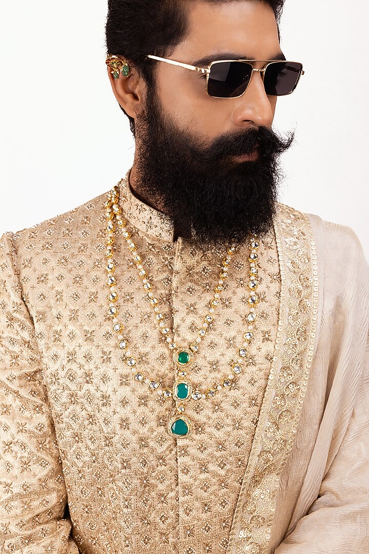 Gold Pure Banarasi Silk Zardosi Work Groom Sherwani Set by House of Sannidhi at Pernia's Pop Up Shop