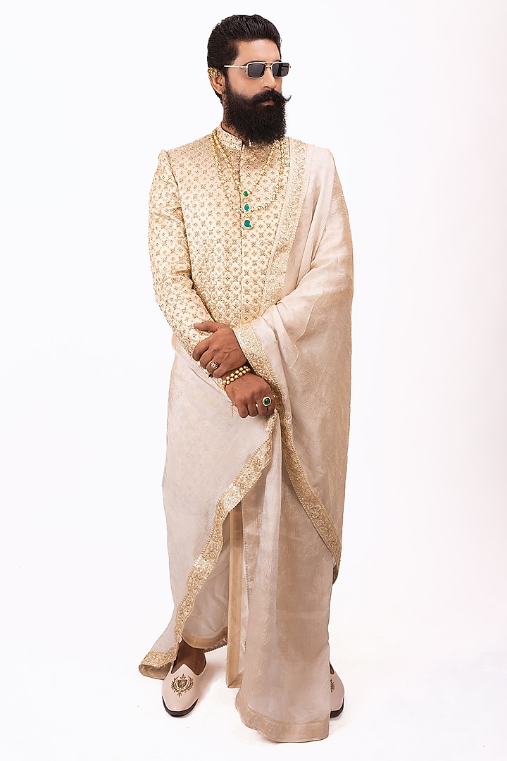 Gold Pure Banarasi Silk Zardosi Work Groom Sherwani Set by House of Sannidhi at Pernia's Pop Up Shop