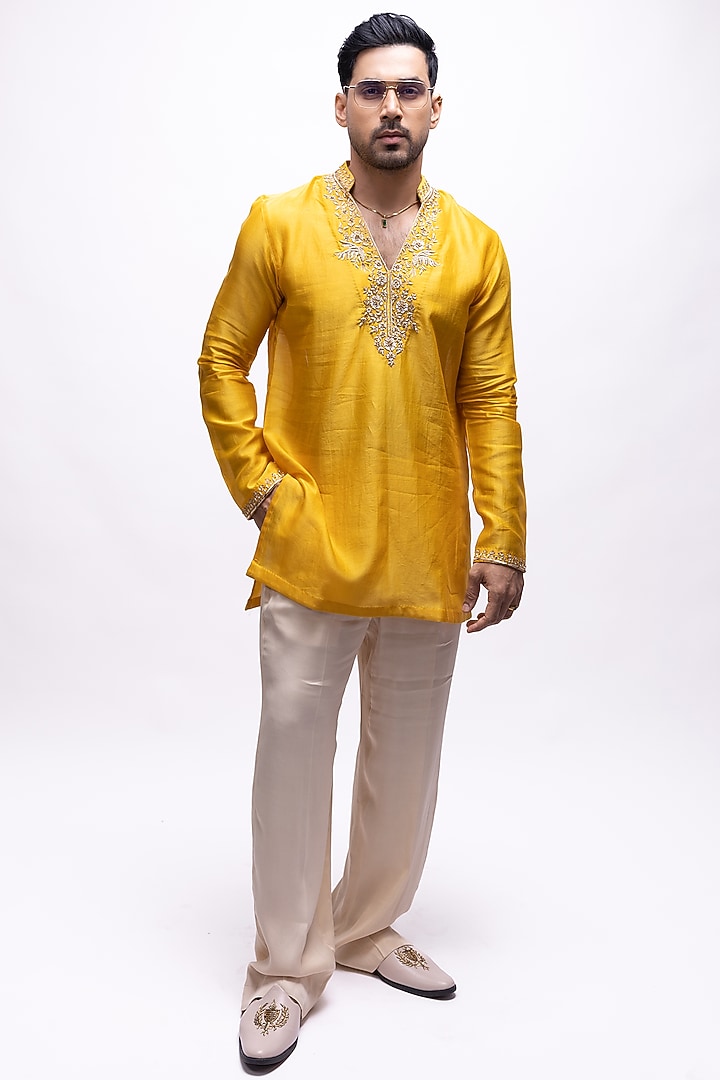 Haldi Yellow Pure Soft Silk Zardosi Embroidered Kurta Set by House of Sannidhi at Pernia's Pop Up Shop