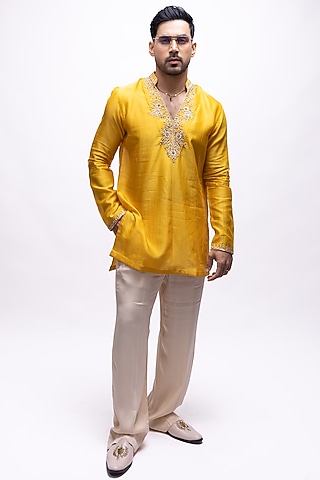 Haldi Yellow Pure Soft Silk Zardosi Embroidered Kurta Set by House of Sannidhi