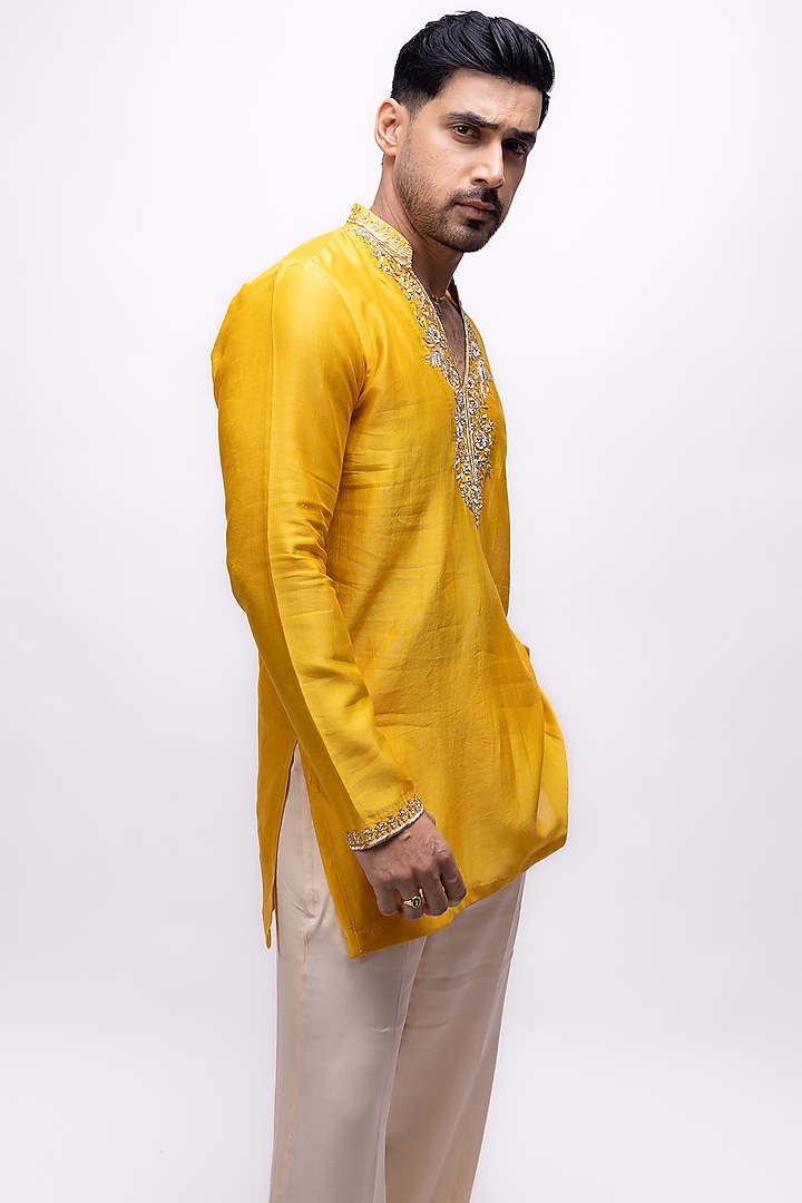 Haldi Yellow Pure Soft Silk Zardosi Embroidered Kurta Set by House of Sannidhi at Pernia's Pop Up Shop