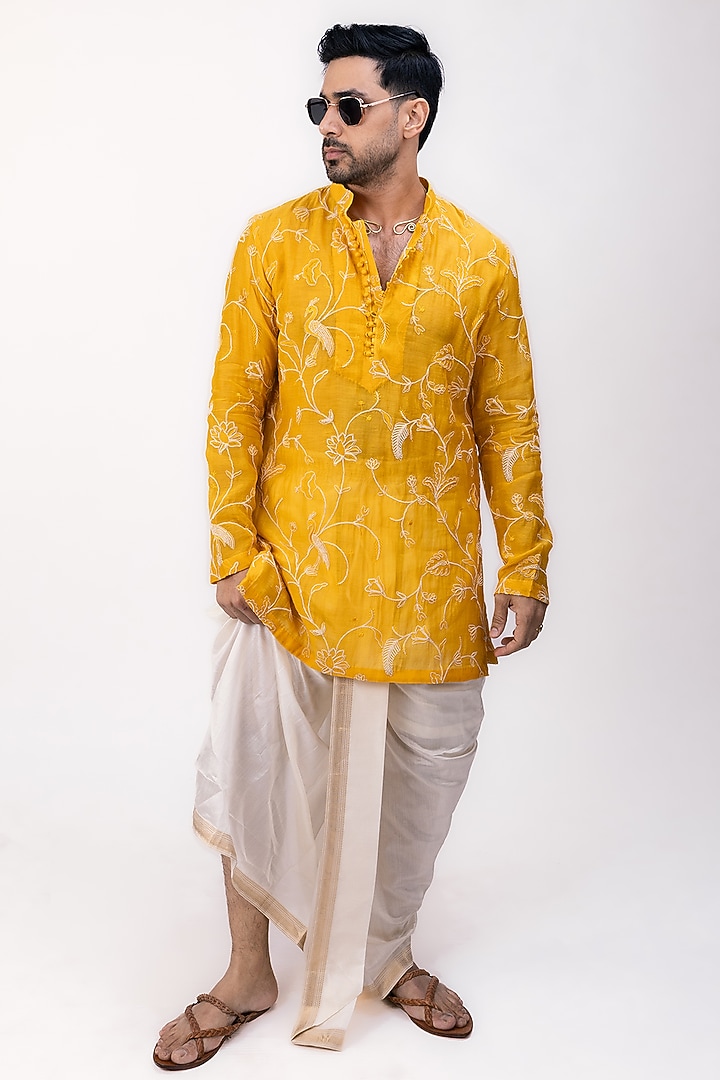 Mustard Yellow Chanderi Silk Machine Embroidered Kurta by House of Sannidhi at Pernia's Pop Up Shop