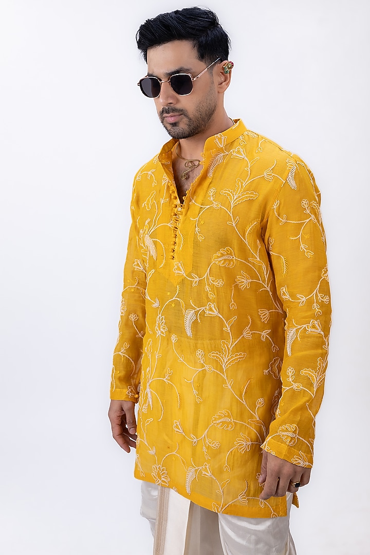 Mustard Yellow Chanderi Silk Machine Embroidered Kurta by House of Sannidhi at Pernia's Pop Up Shop
