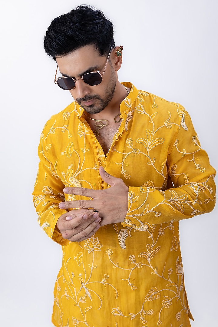 Mustard Yellow Chanderi Silk Machine Embroidered Kurta by House of Sannidhi at Pernia's Pop Up Shop