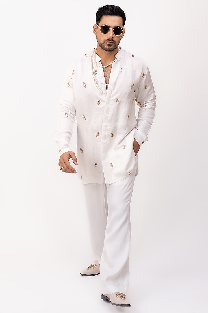 Ivory Linen Silk Zardosi Work Kurta Set by House of Sannidhi at Pernia's Pop Up Shop