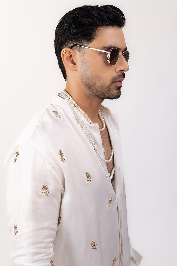 Ivory Linen Silk Zardosi Work Kurta Set by House of Sannidhi at Pernia's Pop Up Shop