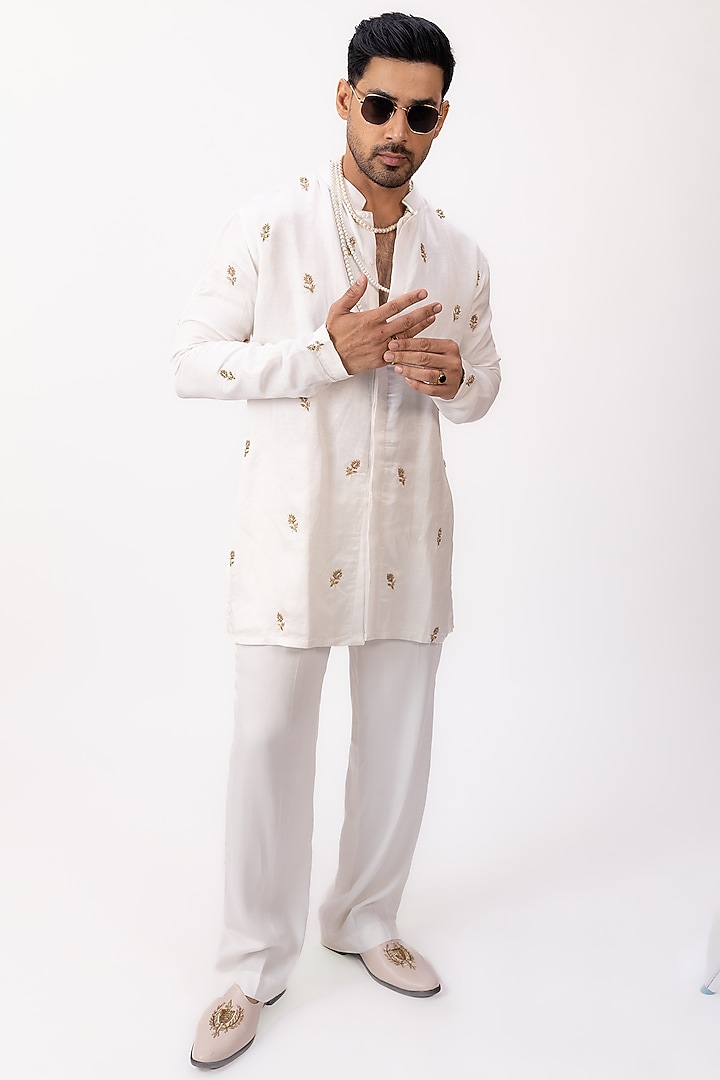 Ivory Linen Silk Zardosi Work Kurta Set by House of Sannidhi at Pernia's Pop Up Shop
