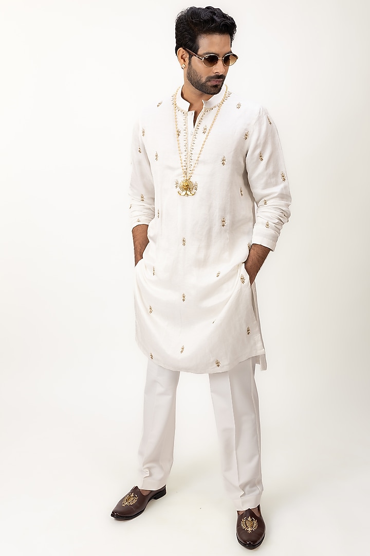 Ivory Linen Silk Zardosi Work Kurta Set by House of Sannidhi at Pernia's Pop Up Shop
