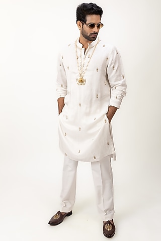 Ivory Linen Silk Zardosi Work Kurta Set by House of Sannidhi