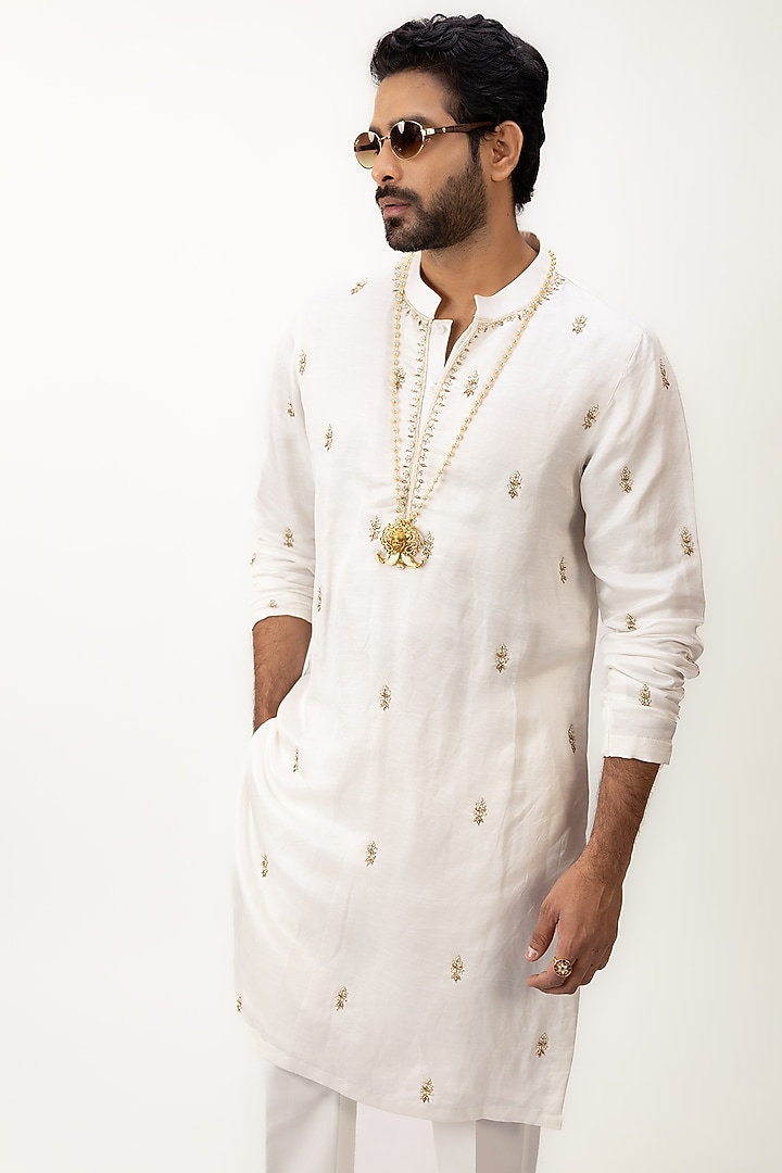 Ivory Linen Silk Zardosi Work Kurta Set by House of Sannidhi at Pernia's Pop Up Shop