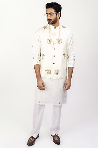 Ivory Linen Silk Satin Zardosi Embroidered Bundi Jacket Set by House of Sannidhi