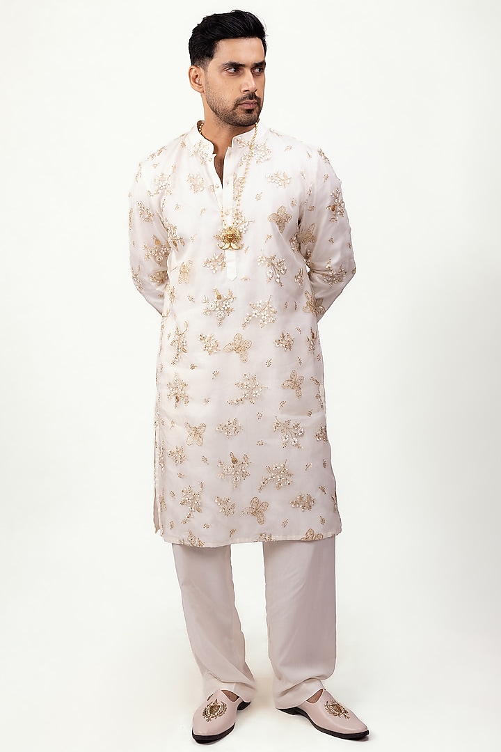 Ivory Organza Silk Embroidered Kurta Set by House of Sannidhi at Pernia's Pop Up Shop