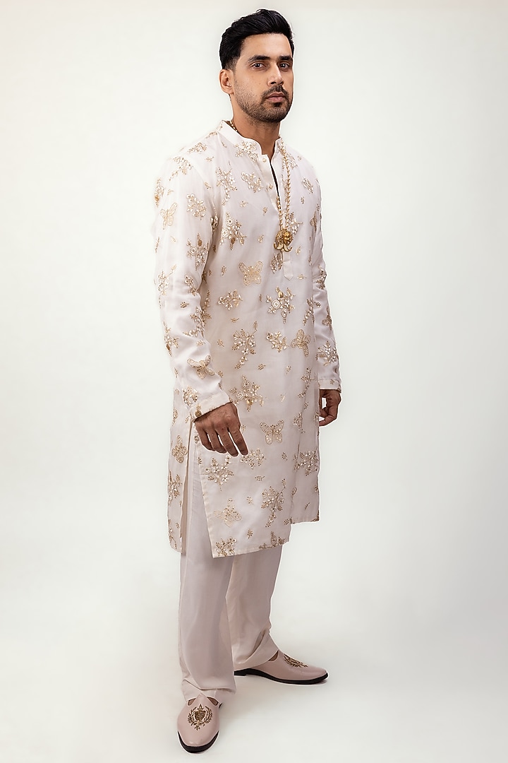 Ivory Organza Silk Embroidered Kurta Set by House of Sannidhi at Pernia's Pop Up Shop