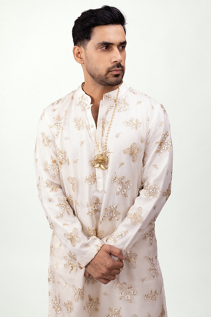 Ivory Organza Silk Embroidered Kurta Set by House of Sannidhi at Pernia's Pop Up Shop
