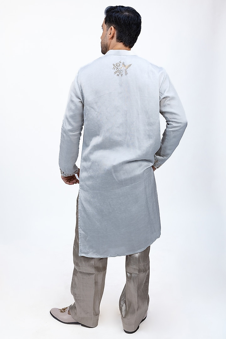 Light Blue Linen Silk Thread Embroidered Kurta by House of Sannidhi at Pernia's Pop Up Shop