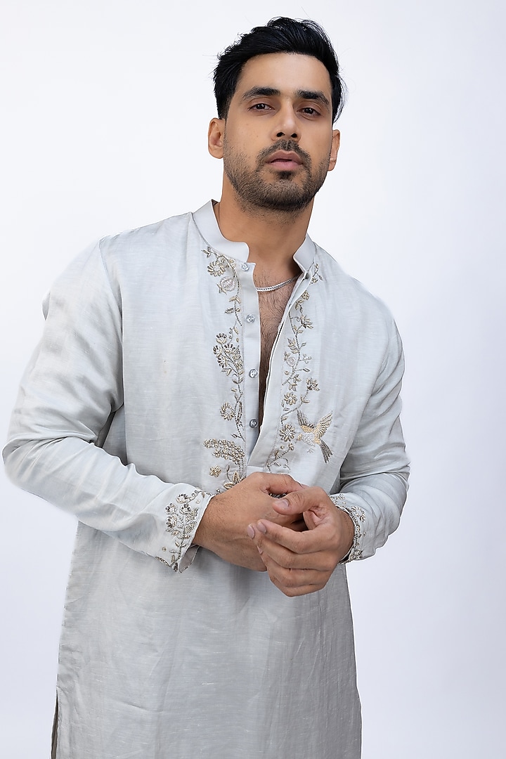 Light Blue Linen Silk Thread Embroidered Kurta by House of Sannidhi at Pernia's Pop Up Shop