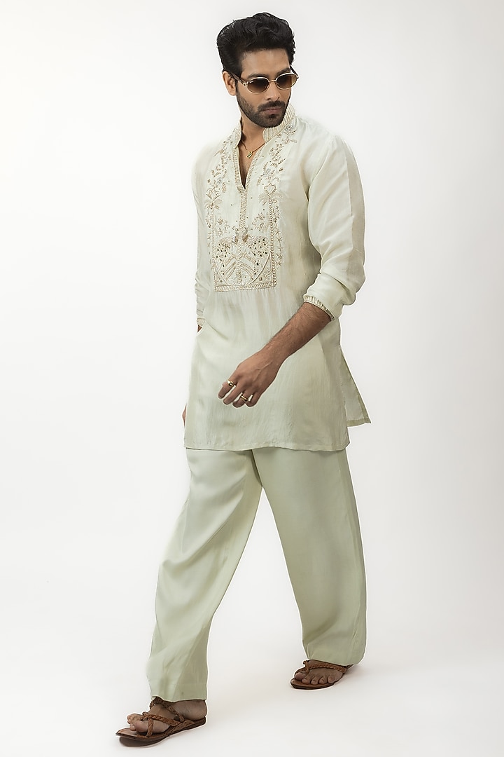 Pista Green Pure Soft Silk Zardosi Embroidered Kurta Set by House of Sannidhi at Pernia's Pop Up Shop