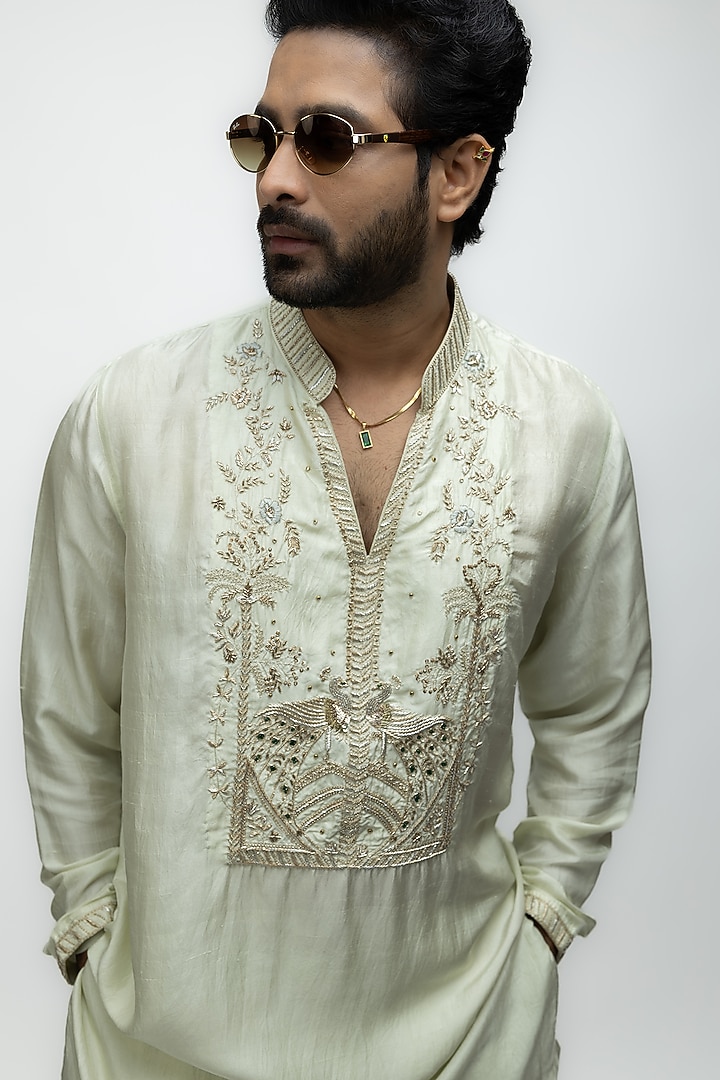 Pista Green Pure Soft Silk Zardosi Embroidered Kurta Set by House of Sannidhi at Pernia's Pop Up Shop