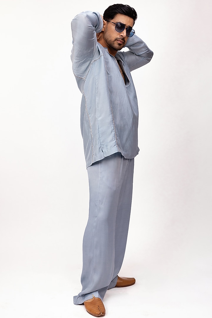 Sky Blue Pure Soft Silk Embroidered Kurta Set by House of Sannidhi at Pernia's Pop Up Shop