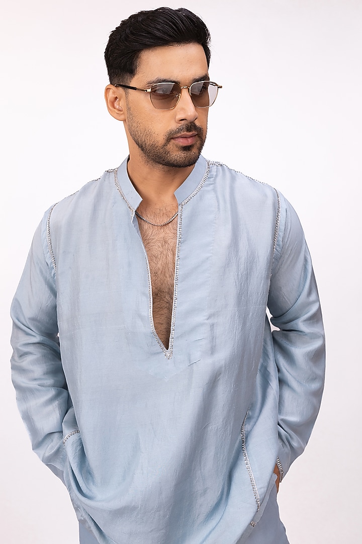 Sky Blue Pure Soft Silk Embroidered Kurta Set by House of Sannidhi at Pernia's Pop Up Shop