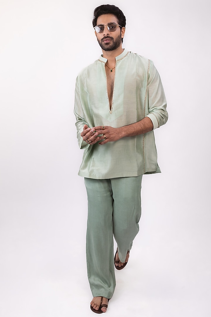 Pista Green Pure Soft Silk Embroidered Kurta Set by House of Sannidhi at Pernia's Pop Up Shop