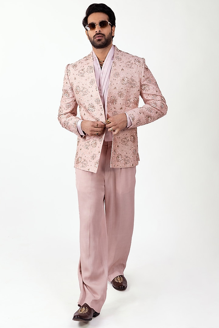 Blush Pink Raw Silk Zardosi Embroidered Indo-Western Set by House of Sannidhi at Pernia's Pop Up Shop