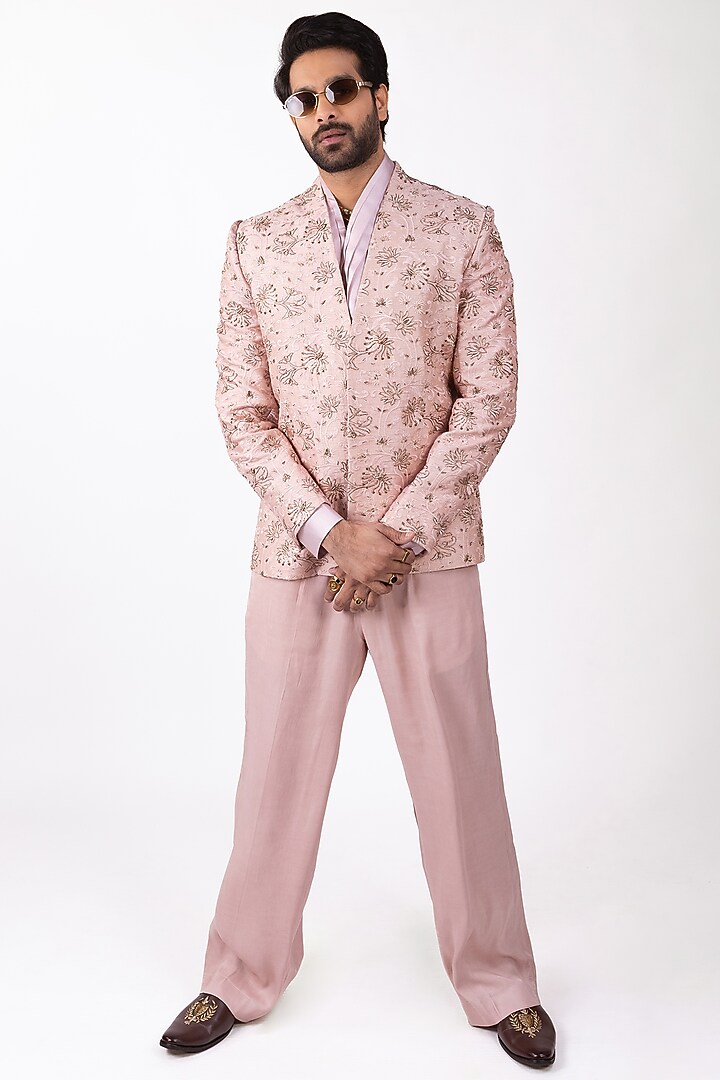 Blush Pink Raw Silk Zardosi Embroidered Indo-Western Set by House of Sannidhi at Pernia's Pop Up Shop