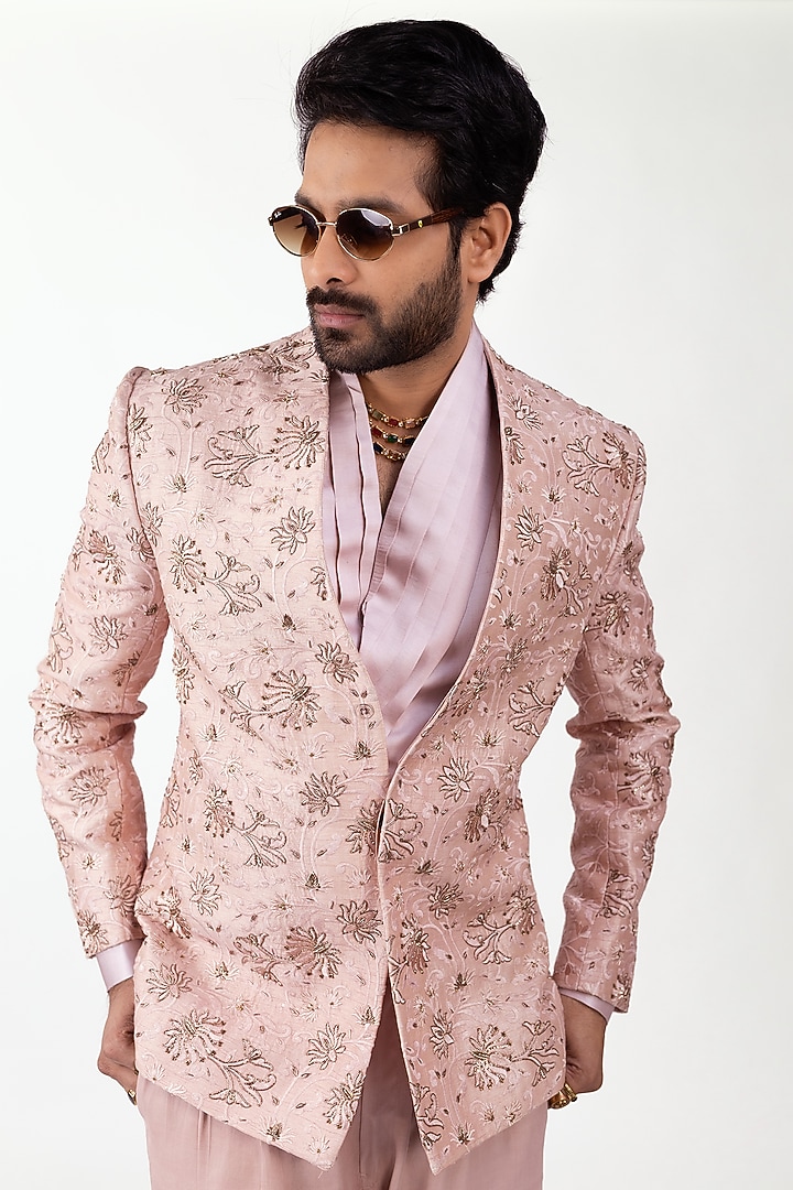 Blush Pink Raw Silk Zardosi Embroidered Indo-Western Set by House of Sannidhi at Pernia's Pop Up Shop