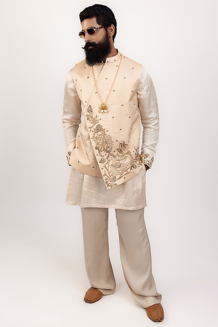 Beige Cream Tissue Silk Zardosi Embroidered Waistcoat Set by House of Sannidhi at Pernia's Pop Up Shop