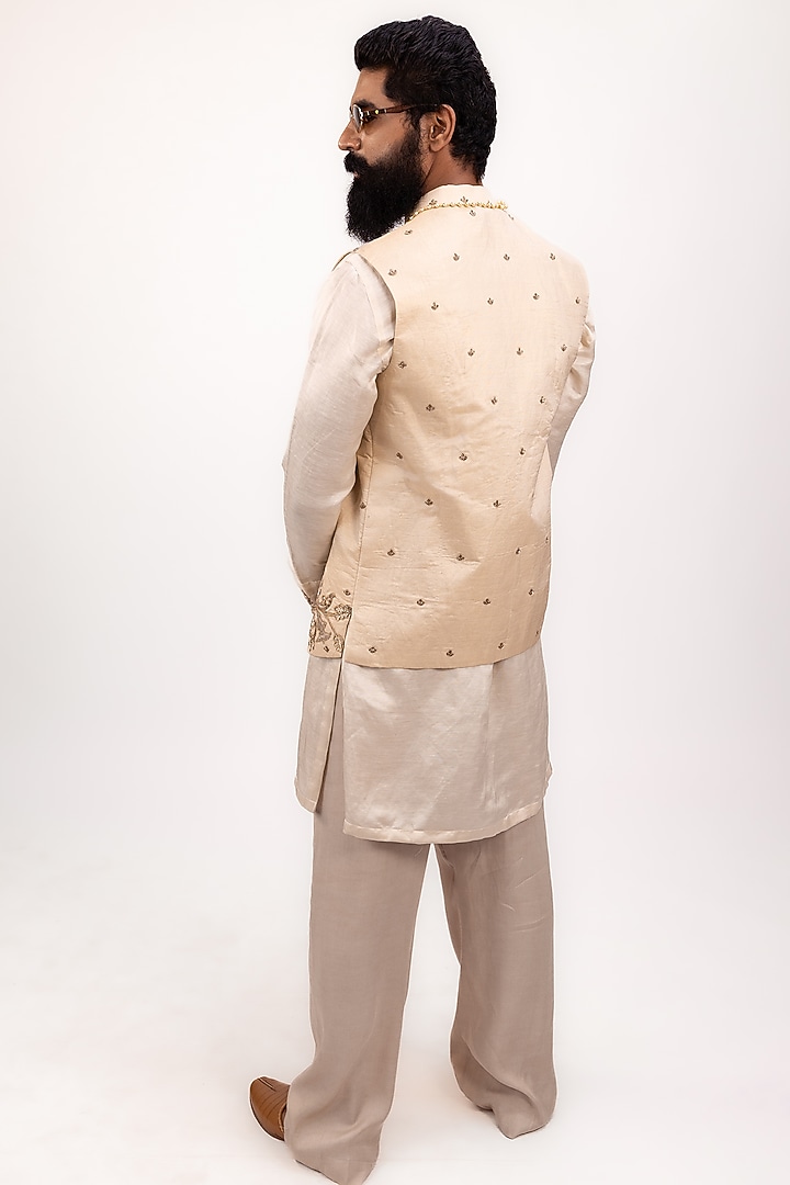Beige Cream Tissue Silk Zardosi Embroidered Waistcoat Set by House of Sannidhi at Pernia's Pop Up Shop