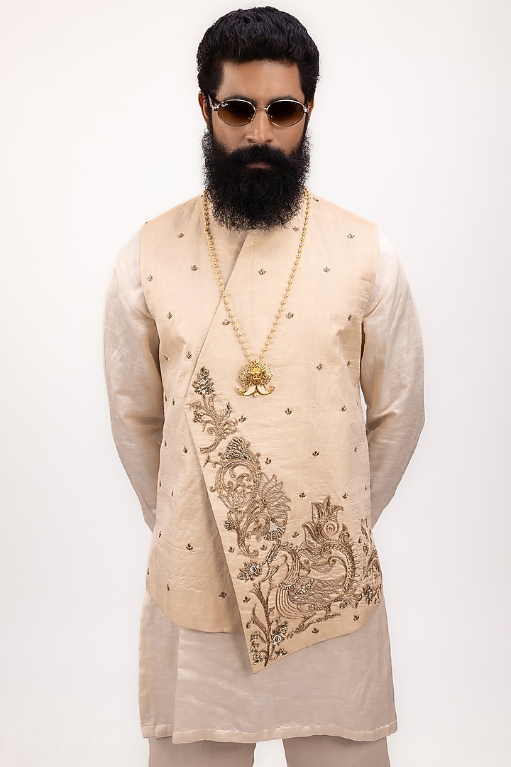 Beige Cream Tissue Silk Zardosi Embroidered Waistcoat Set by House of Sannidhi at Pernia's Pop Up Shop
