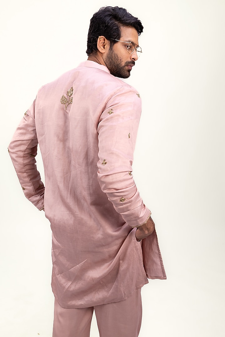 Blush Pink Linen Silk Satin Kurta Set by House of Sannidhi at Pernia's Pop Up Shop