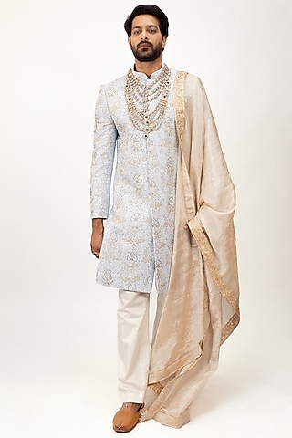 Sky Blue Pure Soft Silk Hand Embroidered Sherwani Set by House of Sannidhi