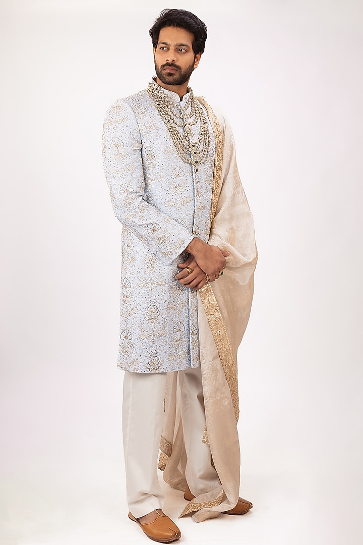 Sky Blue Pure Soft Silk Hand Embroidered Groom Sherwani Set by House of Sannidhi at Pernia's Pop Up Shop