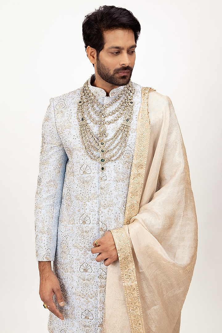 Sky Blue Pure Soft Silk Hand Embroidered Groom Sherwani Set by House of Sannidhi at Pernia's Pop Up Shop