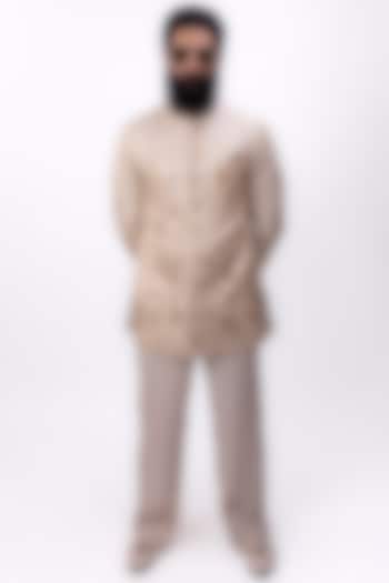 Champagne Beige Pure Tussar Silk Groom Bandhgala Set by House of Sannidhi at Pernia's Pop Up Shop