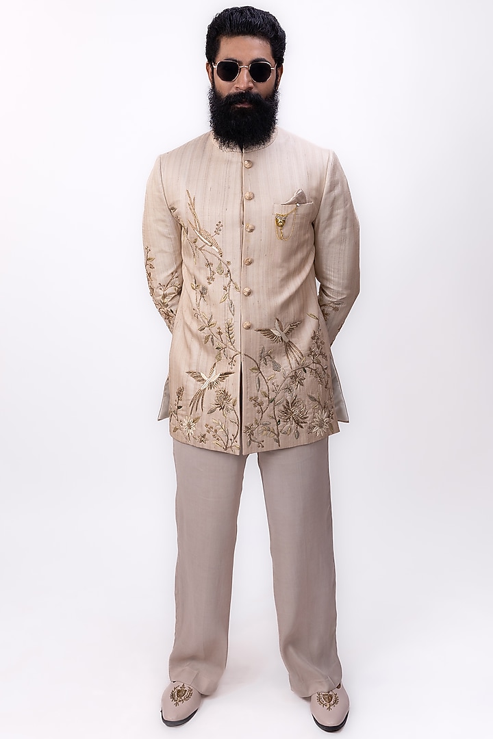 Champagne Beige Pure Tussar Silk Groom Bandhgala Set by House of Sannidhi at Pernia's Pop Up Shop