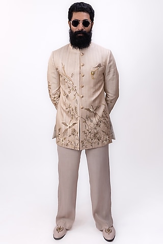 Champagne Beige Pure Tussar Silk Bandhgala Set by House of Sannidhi