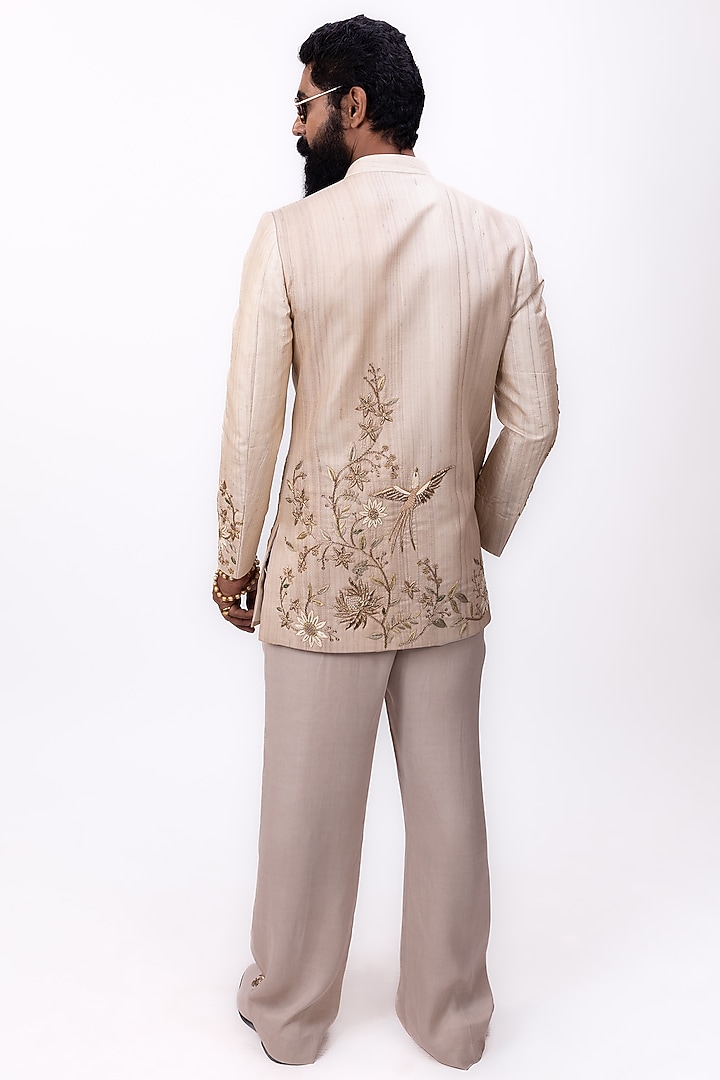 Champagne Beige Pure Tussar Silk Groom Bandhgala Set by House of Sannidhi at Pernia's Pop Up Shop