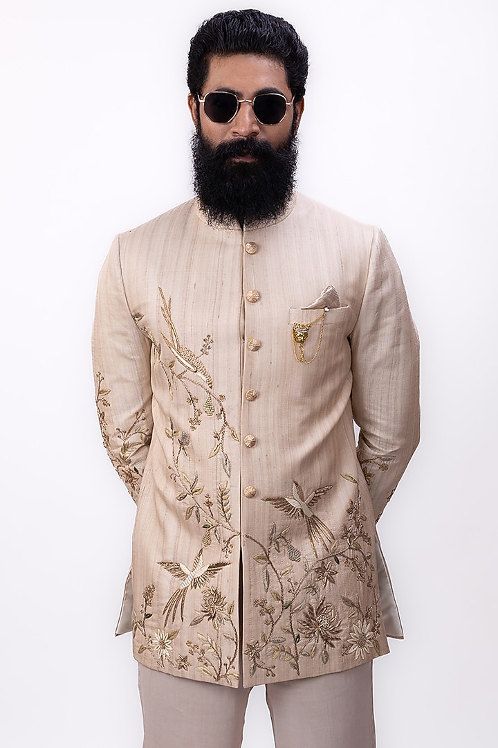 Champagne Beige Pure Tussar Silk Groom Bandhgala Set by House of Sannidhi at Pernia's Pop Up Shop
