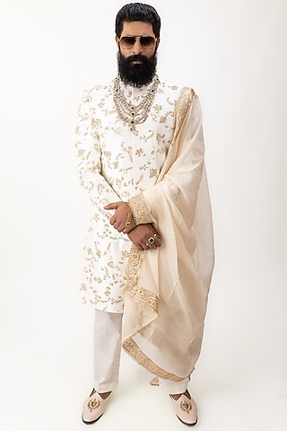 White Pure Silk Zardosi Hand Embroidered Sherwani Set by House of Sannidhi