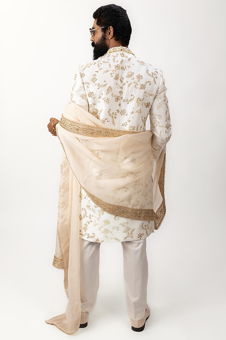 White Pure Silk Zardosi Hand Embroidered Groom Sherwani Set by House of Sannidhi at Pernia's Pop Up Shop