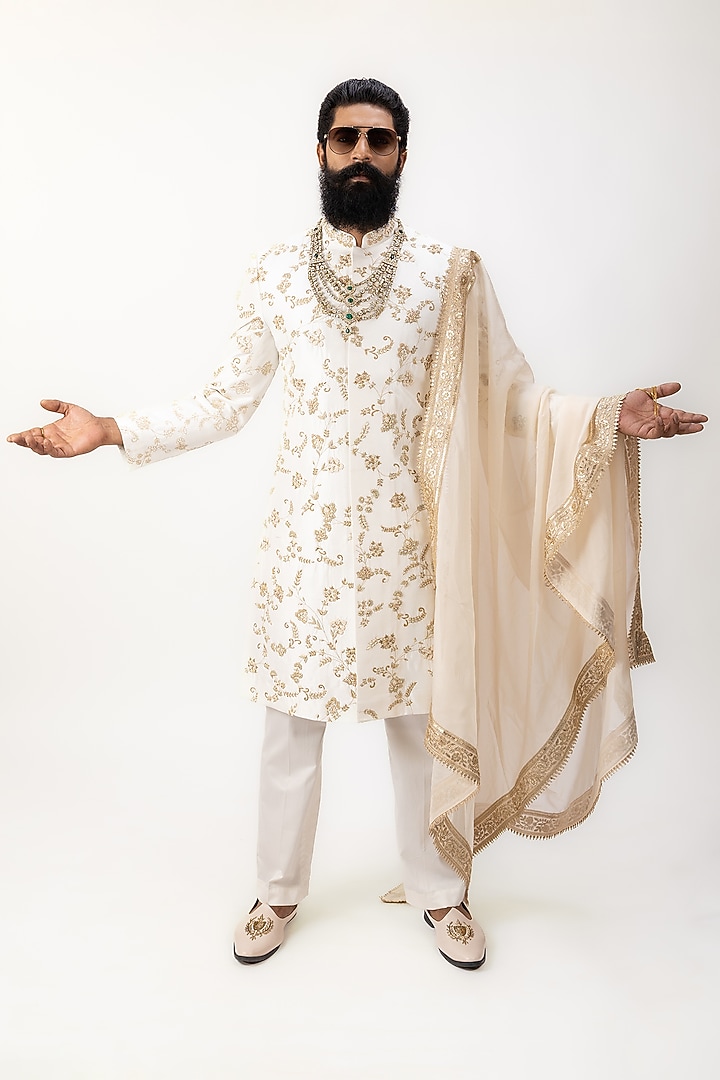 White Pure Silk Zardosi Hand Embroidered Groom Sherwani Set by House of Sannidhi at Pernia's Pop Up Shop