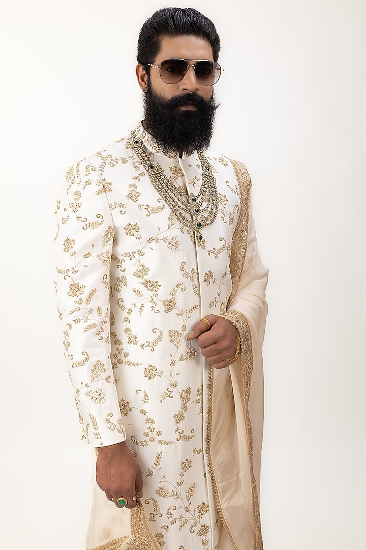 White Pure Silk Zardosi Hand Embroidered Groom Sherwani Set by House of Sannidhi at Pernia's Pop Up Shop