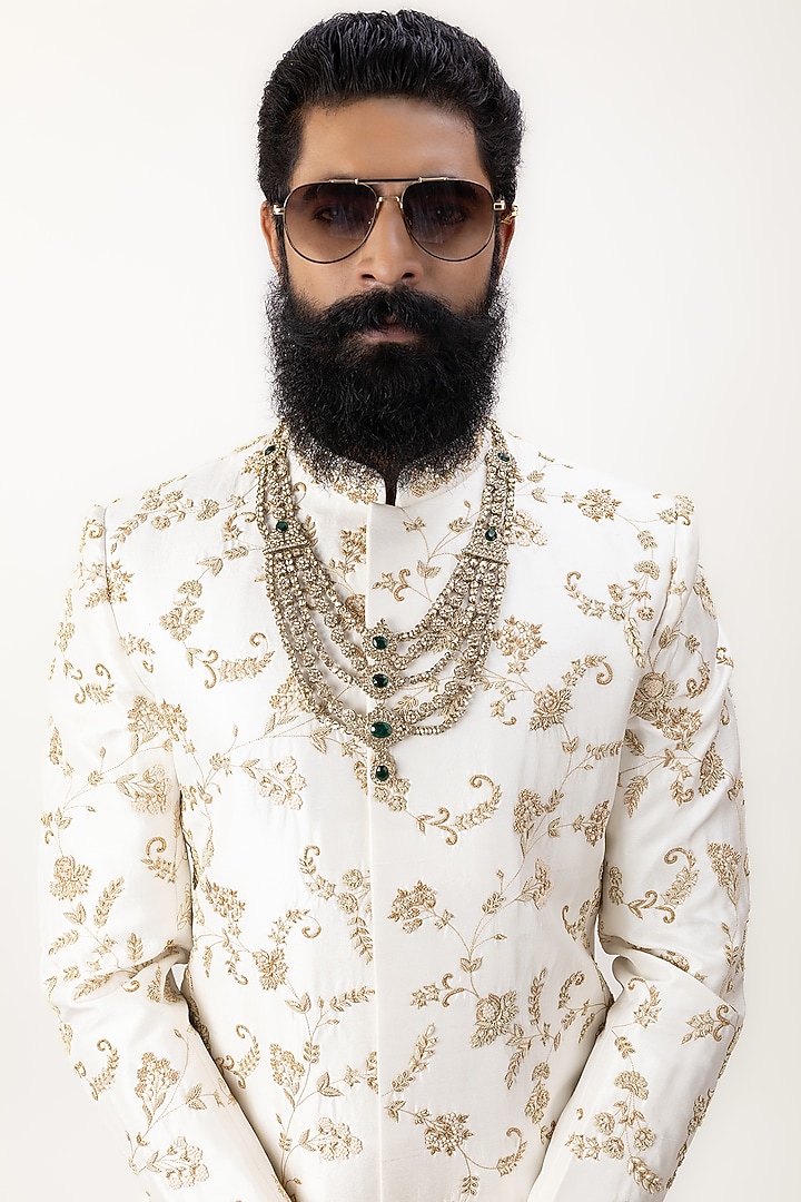 White Pure Silk Zardosi Hand Embroidered Groom Sherwani Set by House of Sannidhi at Pernia's Pop Up Shop