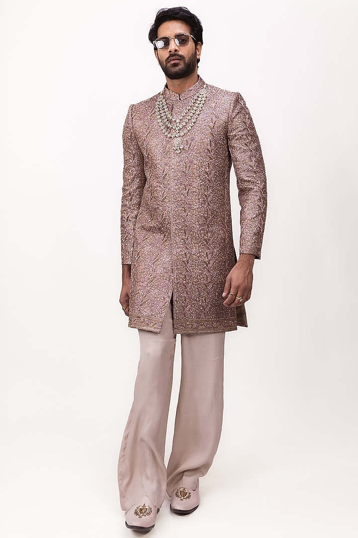 Dusty Purple Banarasi Silk Zardosi Embroidered Groom Sherwani Set by House of Sannidhi at Pernia's Pop Up Shop