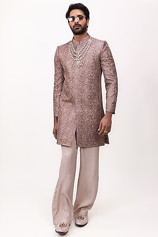 Dusty Purple Banarasi Silk Zardosi Embroidered Sherwani Set by House of Sannidhi